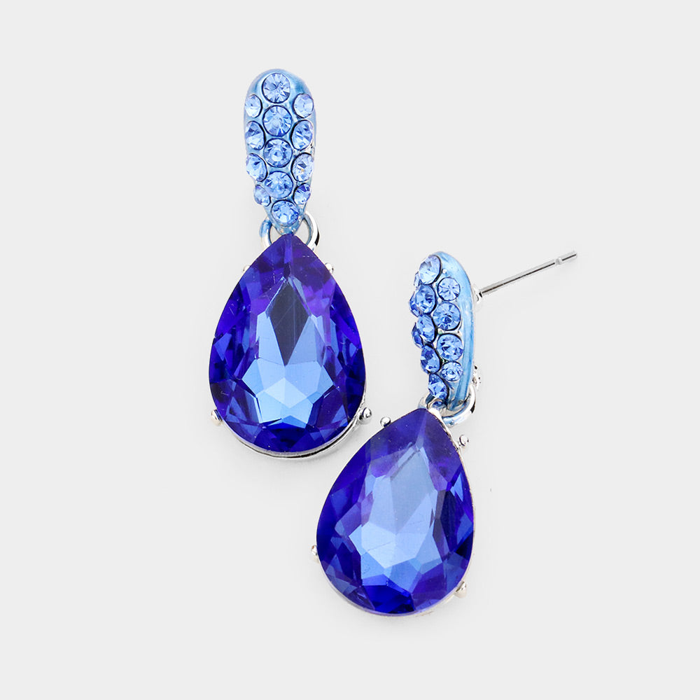 Small Blue Crystal and Rhinestone Teardrop Dangle Earrings