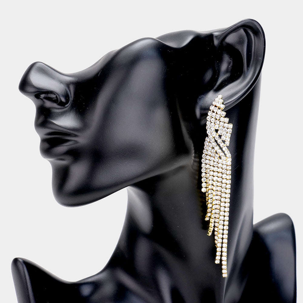 Fringe Rhinestone Pageant Earrings on Gold| Prom Earrings