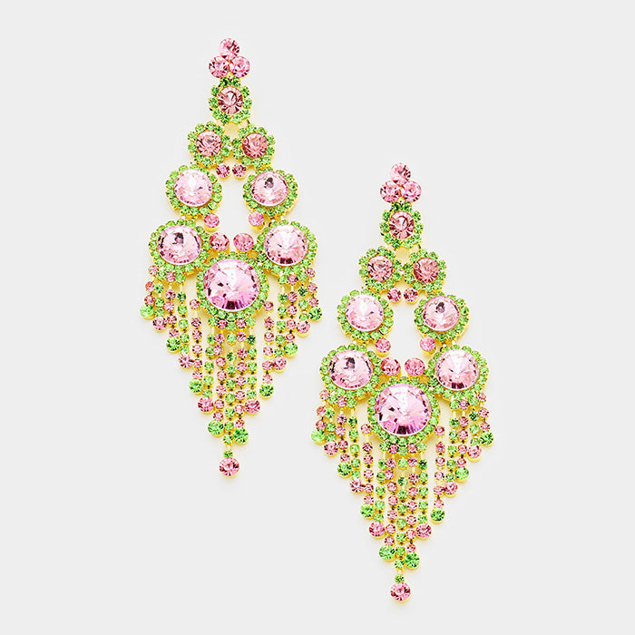 Large Pink and Green Crystal Chandelier Earrings