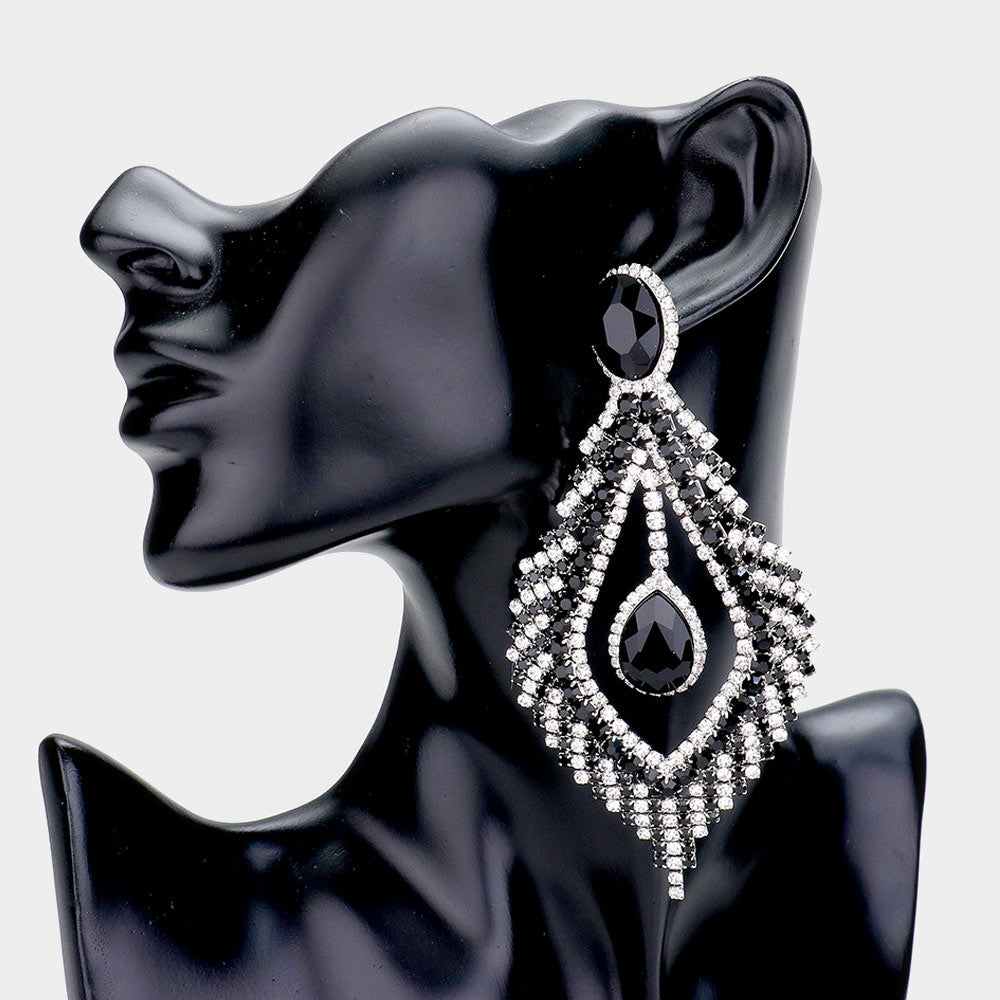 Long Clear/Black Crystal Chandelier Pageant Earrings