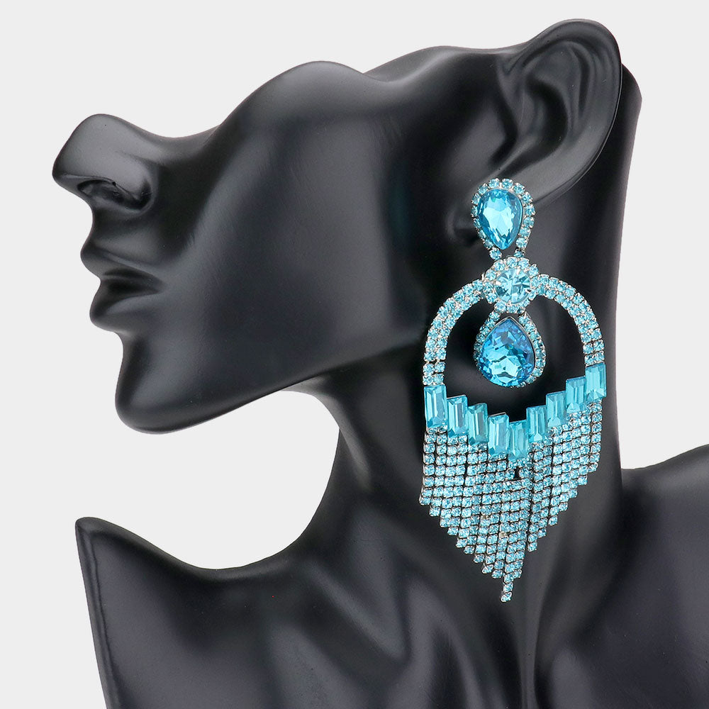 Aqua Teardrop Stone Accented with Fringe Pageant Earrings | Prom Jewelry