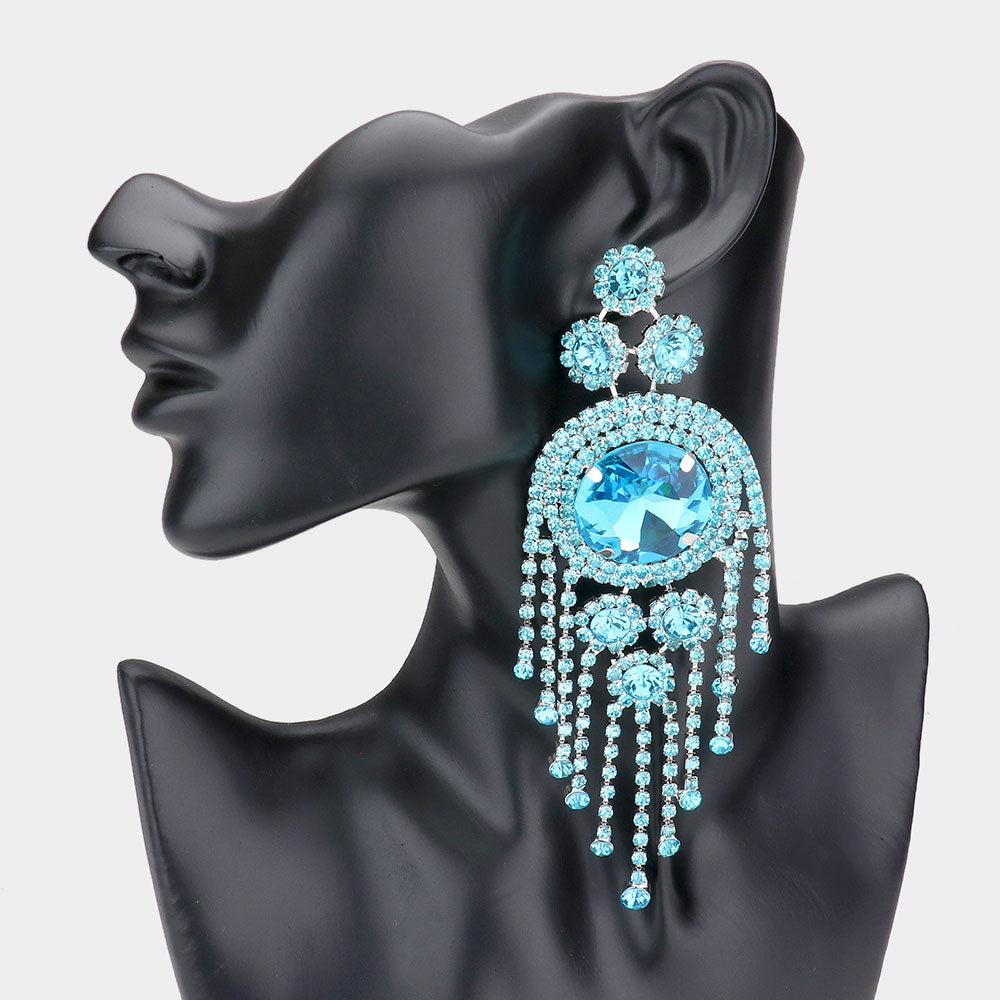 Aqua Crystal Round Stone Accented with Fringe Pageant Earrings | Statement Earrings |  529015