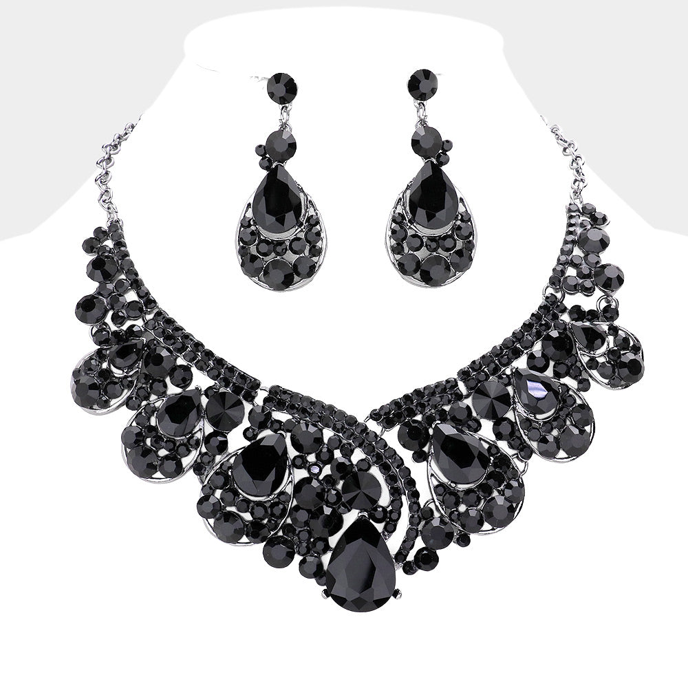 Black Crystal Teardrop Pageant Necklace Set | Prom Necklace Set