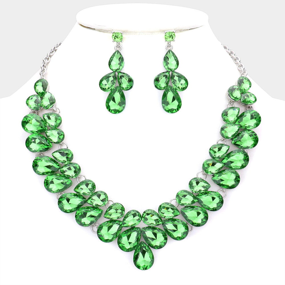 Green Crystal Teardrop Cluster Prom Necklace   | Pageant Necklace