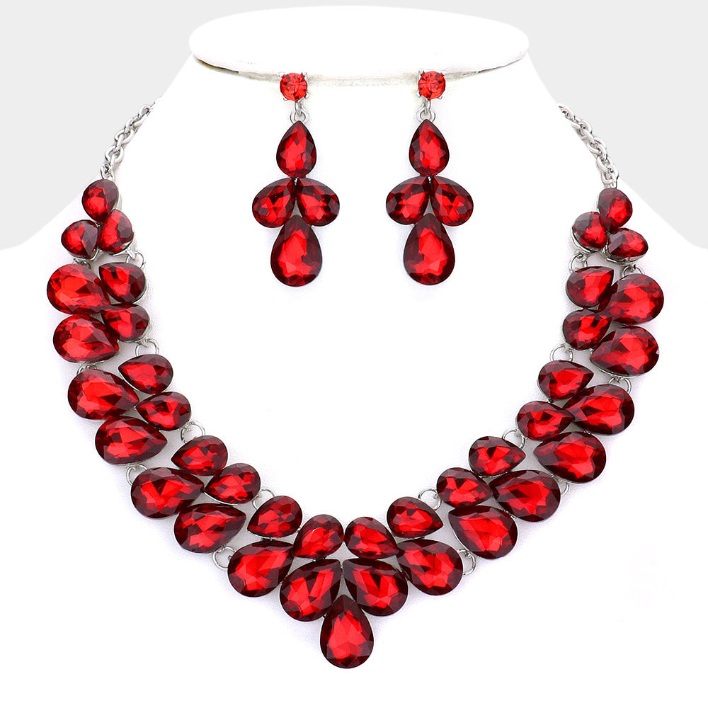 Red Crystal Teardrop Cluster Prom Necklace  | Pageant Necklace