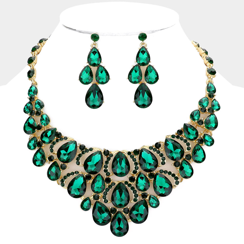 Emerald Crystal Teardrop Cluster Pageant Necklace  | Statement Necklace