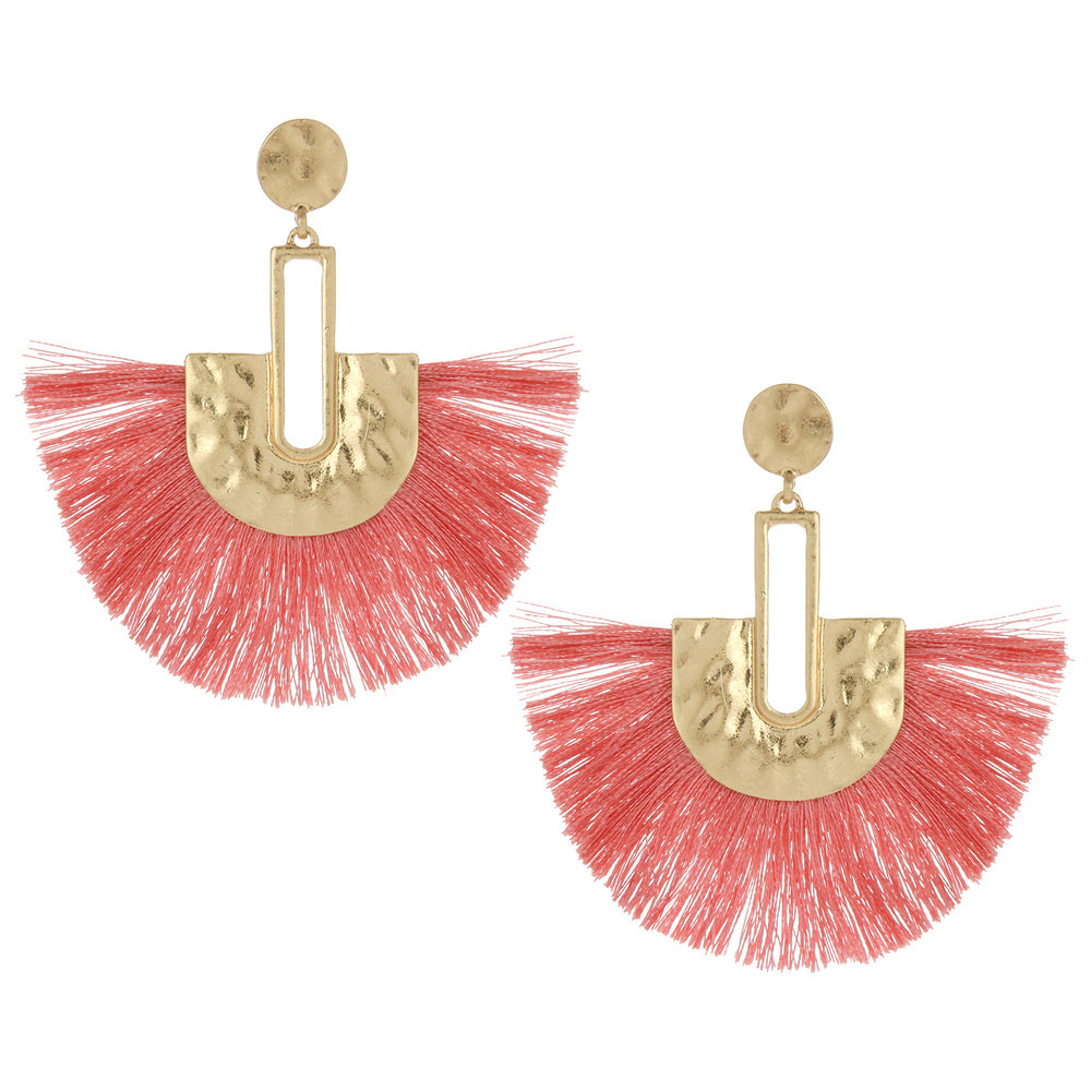 Gold Post Coral Fabric Fun Fashion Tassel Earrings