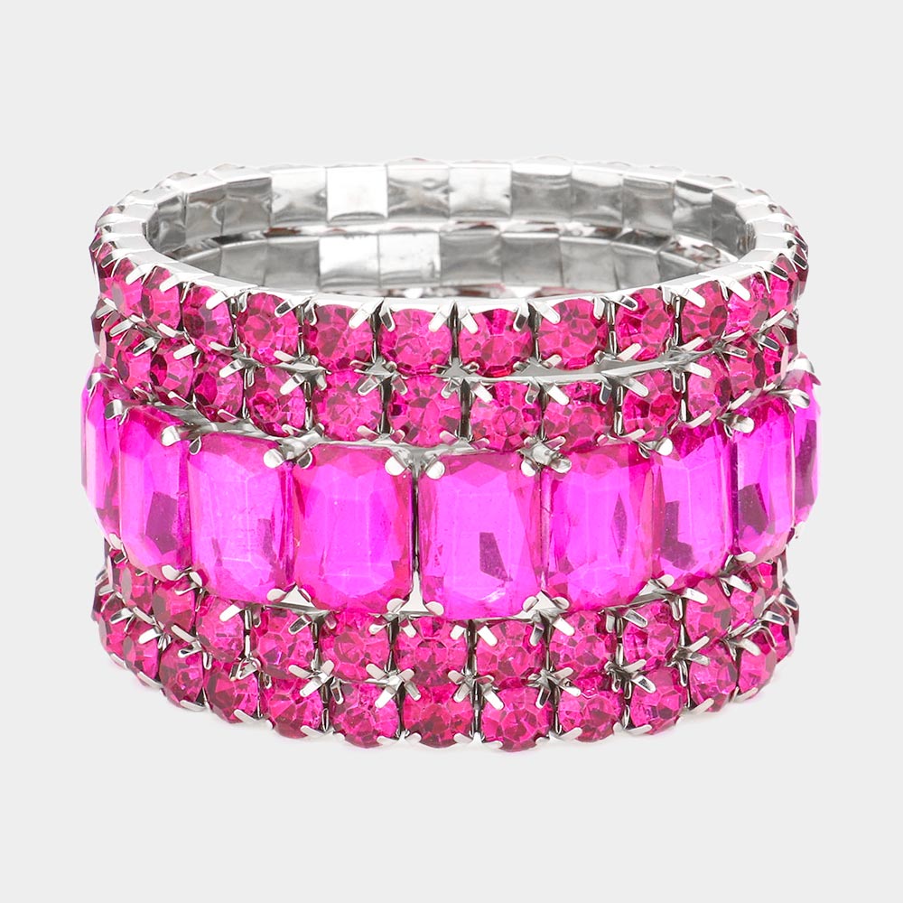 5 Pieces - Fuchsia Stone Stretch Multi Layered Pageant Bracelets | Prom Jewelry