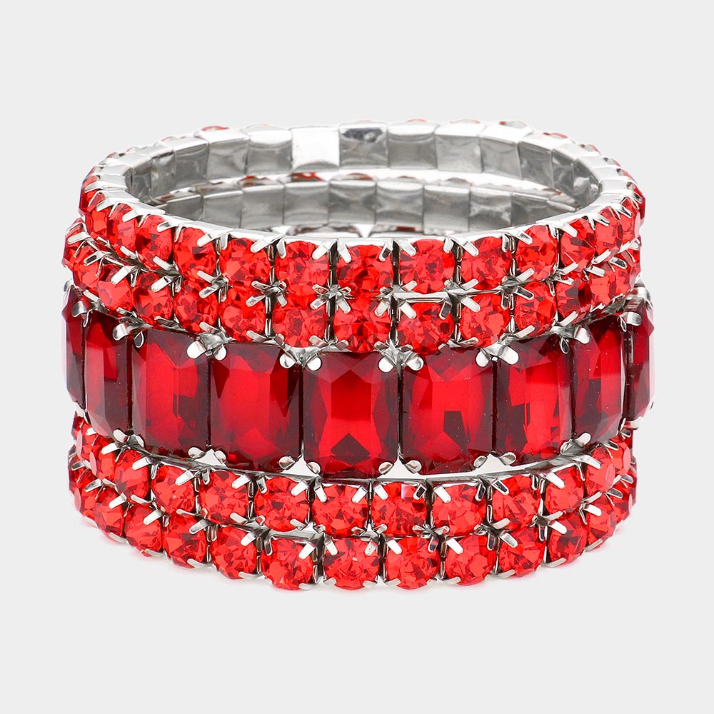 5 Pieces - Red Stone Stretch Multi Layered Pageant Bracelets | Prom Jewelry