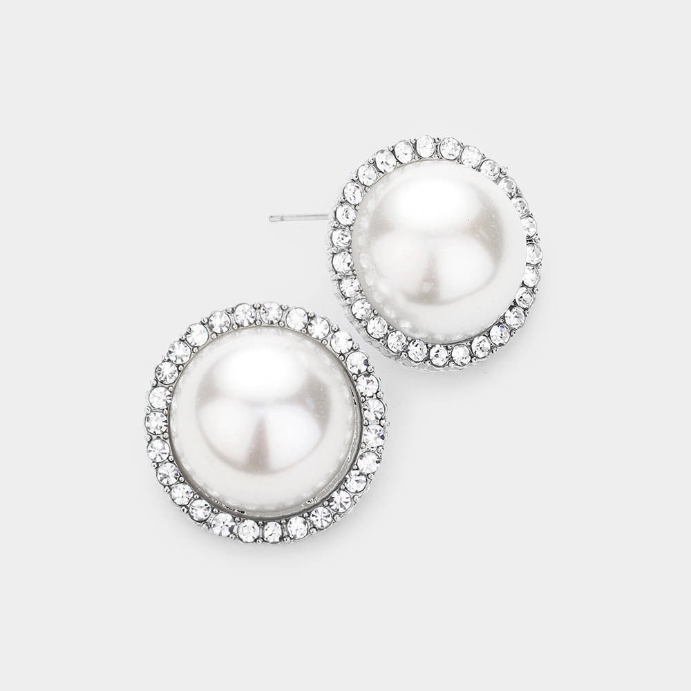 White Pearl and Rhinestone Bridal Stud Earrings | Wedding Jewelry