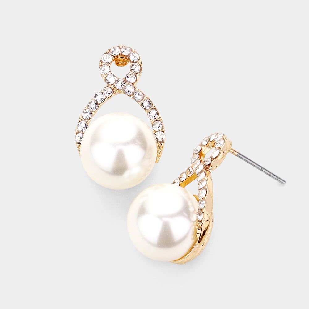 Rhinestone Embellished Cream Pearl Bridal Earrings | Wedding Jewelry