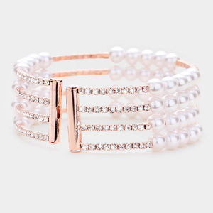 4 Row Bridal Rhinestone and White Pearl Bracelet on Rose Gold | Wedding Bracelet | 477181
