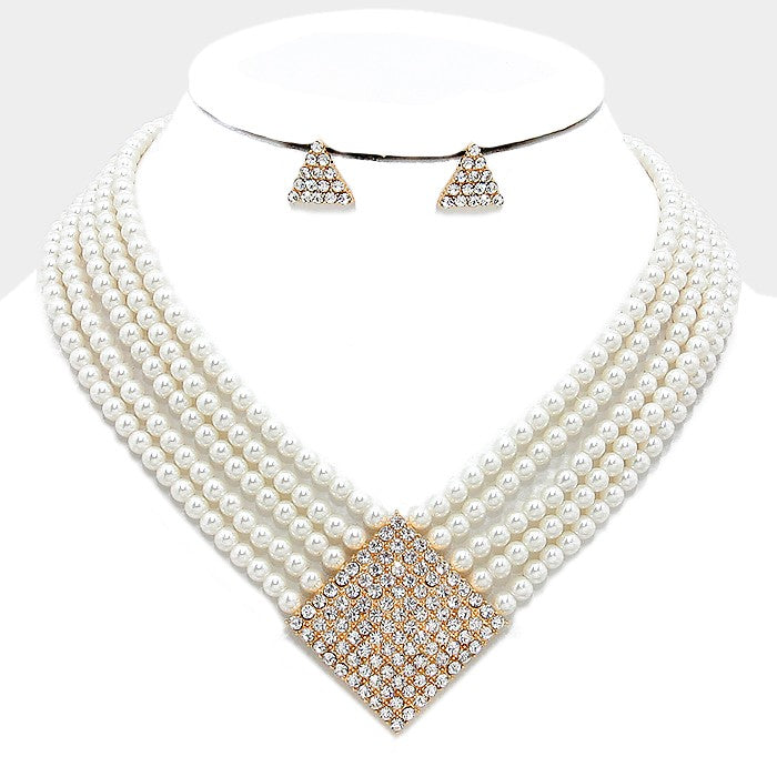 Crystal and Cream Pearl Multi-strand Necklace Set 