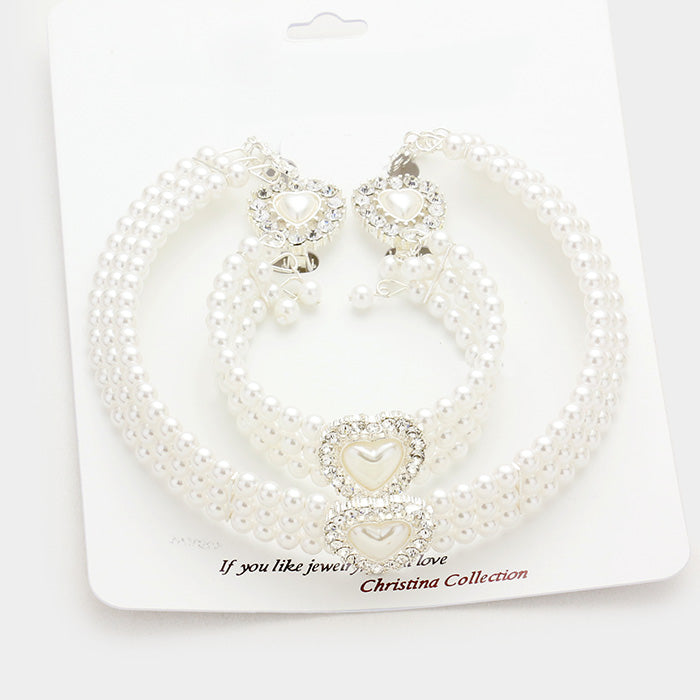 White Pearl 3-Row Choker Bridal Necklace Set |Wedding Jewelry |