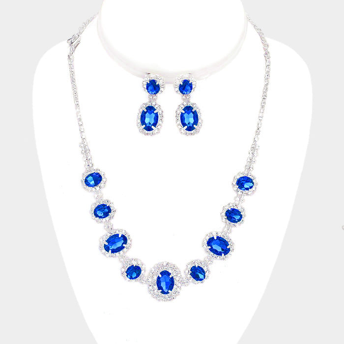 Pave Trim Blue Rhinestone Necklace and Earrings