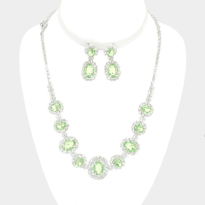 Pave Trim Light Green Rhinestone Necklace and Earrings