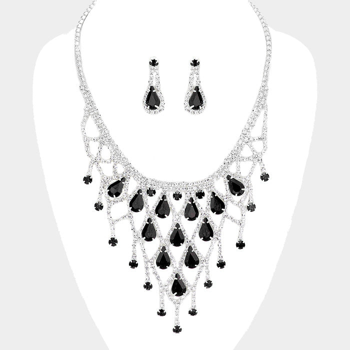 Black Crystal Rhinestone Teardrop Bib Necklace 