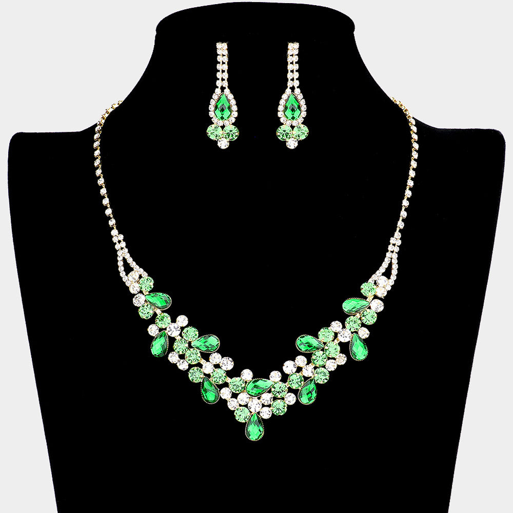 Emerald and Clear Rhinestone Floral Prom Necklace Set  | Homecoming Necklace Set