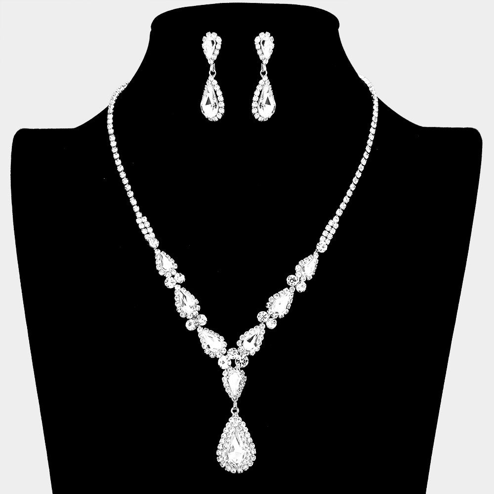 Clear Crystal Teardrop and Rhinestone Necklace Set  | Prom Jewelry