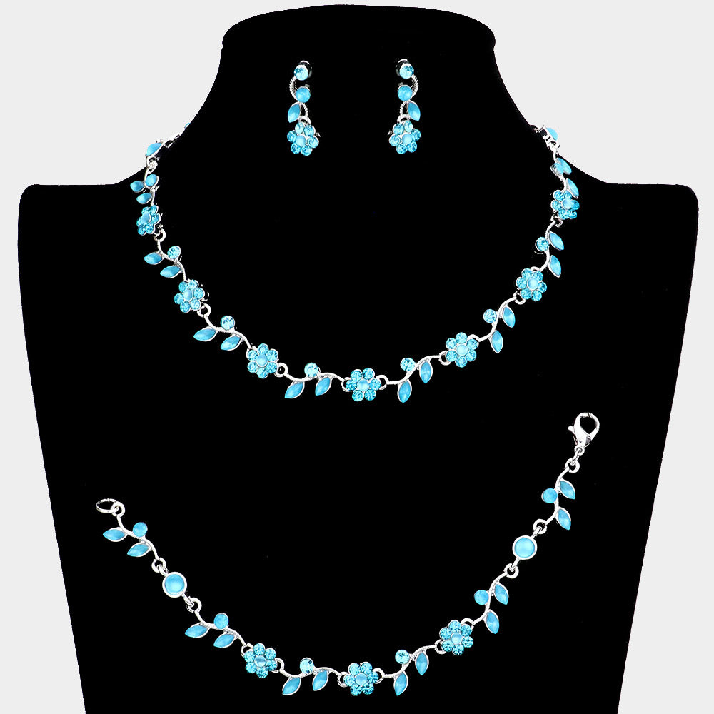 3 Piece Aqua Flower Rhinestone Jewelry Set | Homecoming Jewelry 