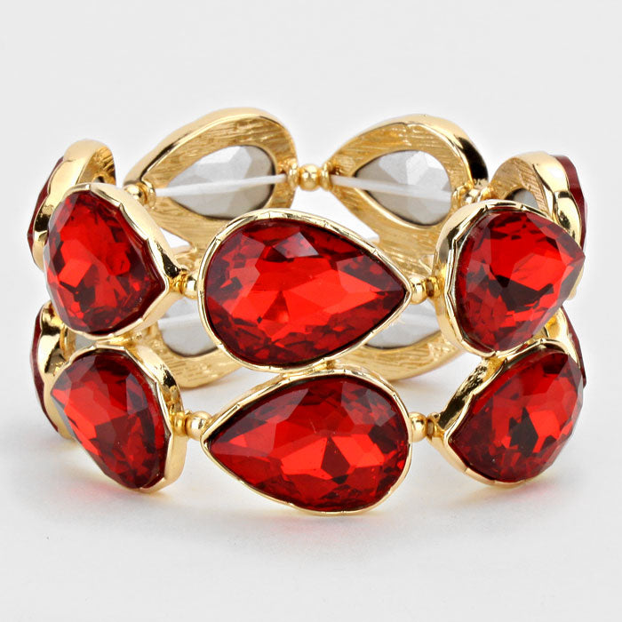 Red Crystal Teardrop Stretch Bracelet on Gold | 270838