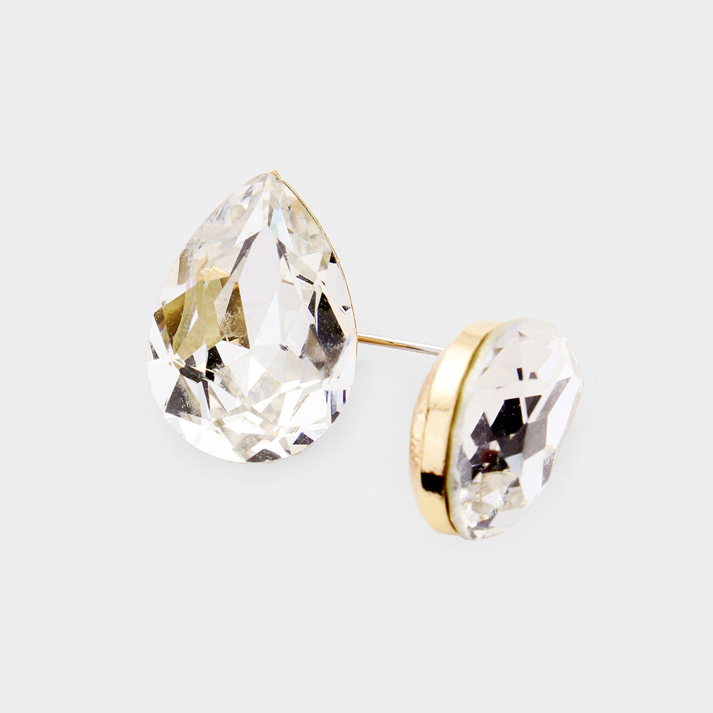 Small Clear Glass Crystal Teardrop Stud Earrings on  Gold