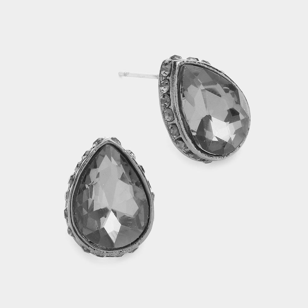 Black Diamond Rhinestone Trimmed Teardrop Stone Pageant Stud Earrings | Interview Earrings