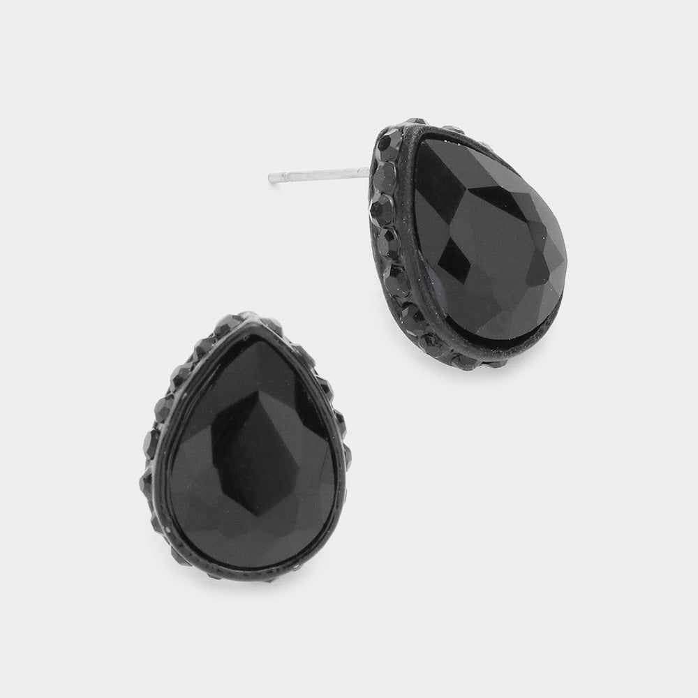 Jet Black Rhinestone Trimmed Teardrop Stone Pageant Stud Earrings | Interview Earrings