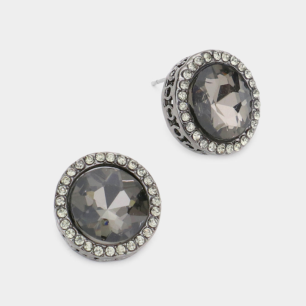 Rhinestone Trimmed Round Black Diamond Crystal Stone Stud Pageant Earrings   \ Interview Earrings