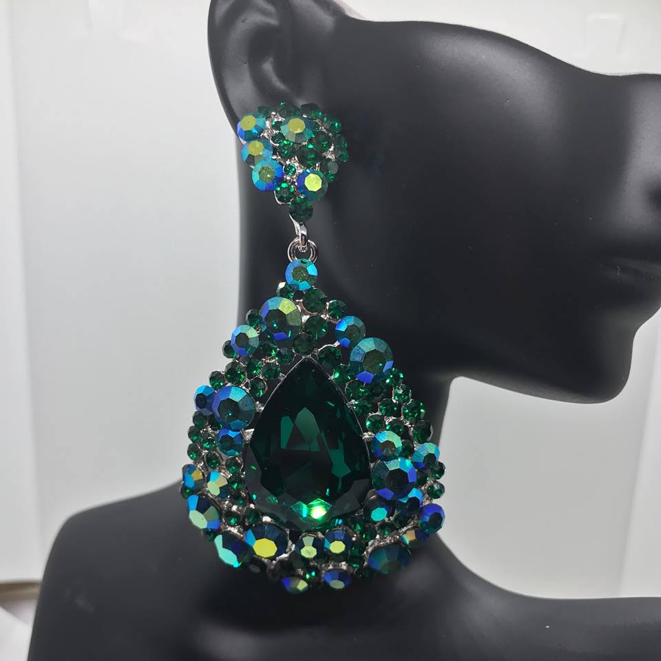 Chunky Emerald Green Teardrop Statement Earrings Large Prom & Pageant Style | L&M Bling Chunky Emerald Green Teardrop Statement Earrings Large Prom & Pageant Style | L&M Bling