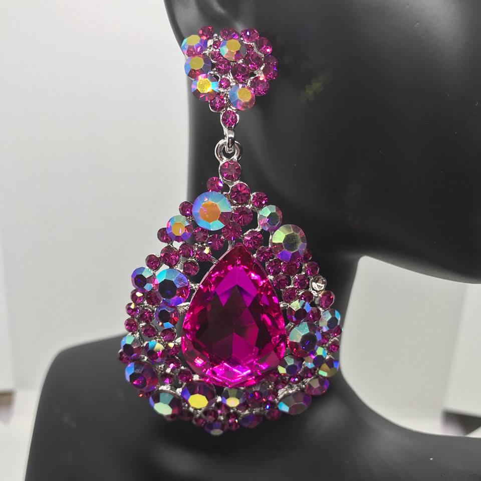 Chunky Hot Pink Fuchsia Teardrop Statement Earrings Large Prom & Pageant Style | L&M Bling Chunky Hot Pink Fuchsia Teardrop Statement Earrings Large Prom & Pageant Style | L&M Bling