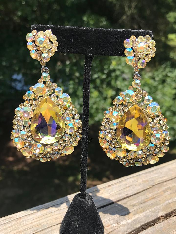 Large Yellow Crystal Earrings on Silver | Yellow Pageant Chunky Earrings 
