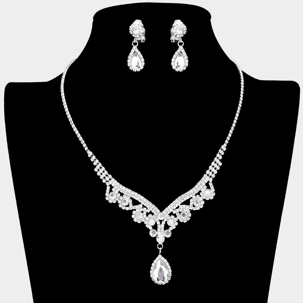 Clear Crystal Teardrop Stone Rhinestone Prom Necklace - Clip on Earrings | Prom Jewelry | 532961