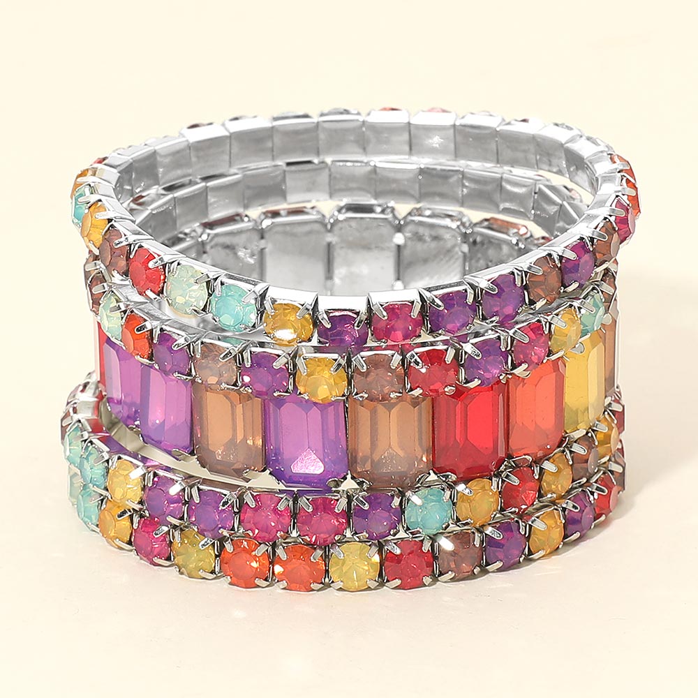 5 Pieces -Multi-Color Stone Stretch Multi Layered Pageant Bracelets | Prom Jewelry | 687487