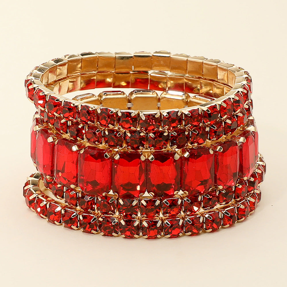 5 Pieces - Red Stone Stretch Multi Layered Pageant Bracelets | Prom Jewelry |  674263