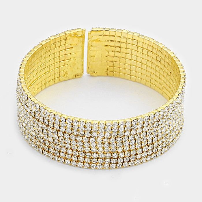  9 Row Rhinestone on Gold Cuff Bracelet on a white background