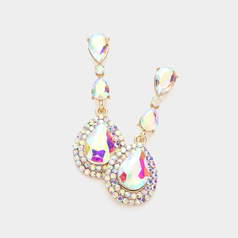 AB Triple Teardrop Pageant Earrings on Gold | Prom Earrings | 606413