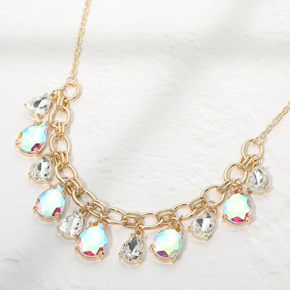 AB on Gold teardrop necklace with colorful gemstones on a light background