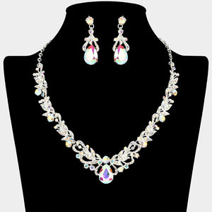 AB teardrop leaf crystal statement necklace set with matching earrings in a silver setting, shown on a black mannequin bust on a white background