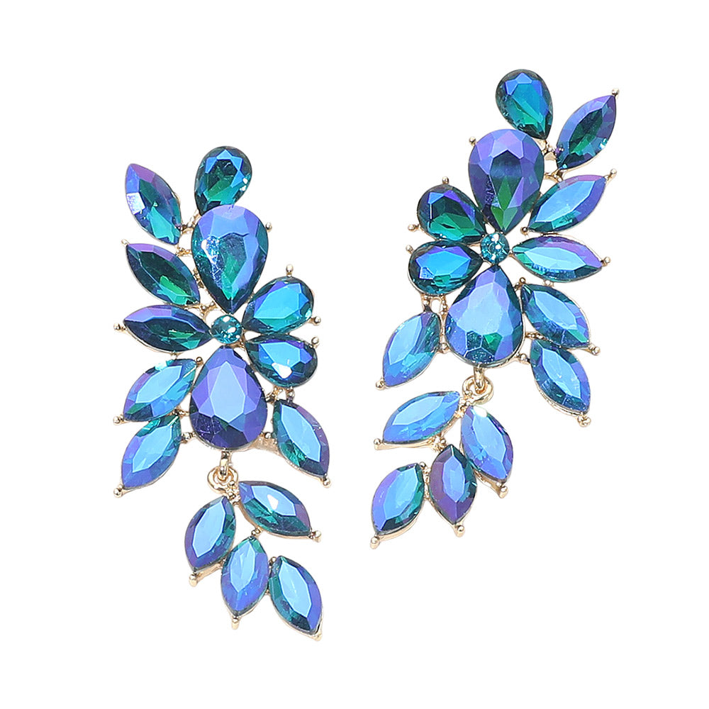 Blue AB crystal marquise statement earrings on gold with a cascading arrangement of faceted marquise stones, displayed on a white background.