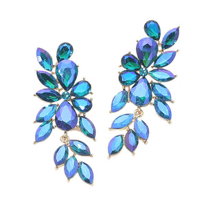 Blue AB crystal marquise statement earrings on gold with a cascading arrangement of faceted marquise stones, displayed on a white background.
