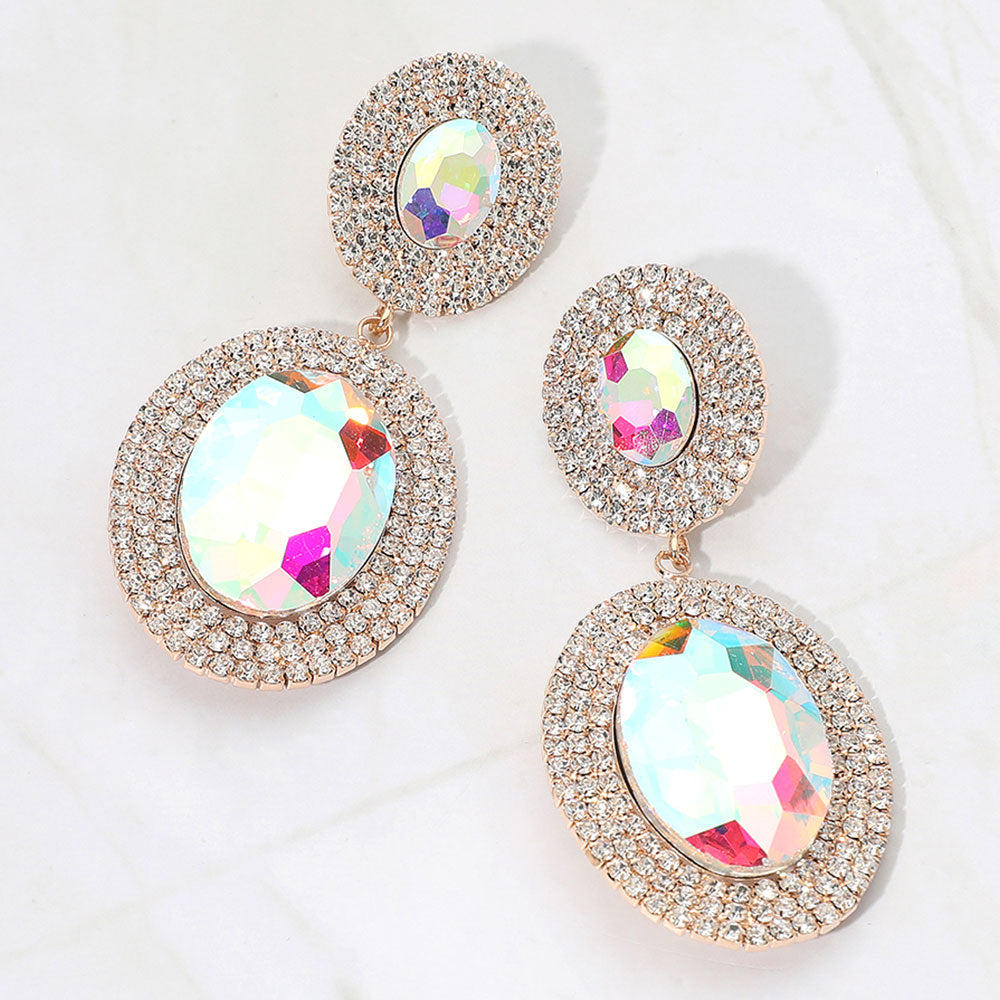 AB crystal double oval halos surrounded by rhinestones on gold on a white background — elegant 2.8" statement jewelry for weddings, prom, and evening glam.
