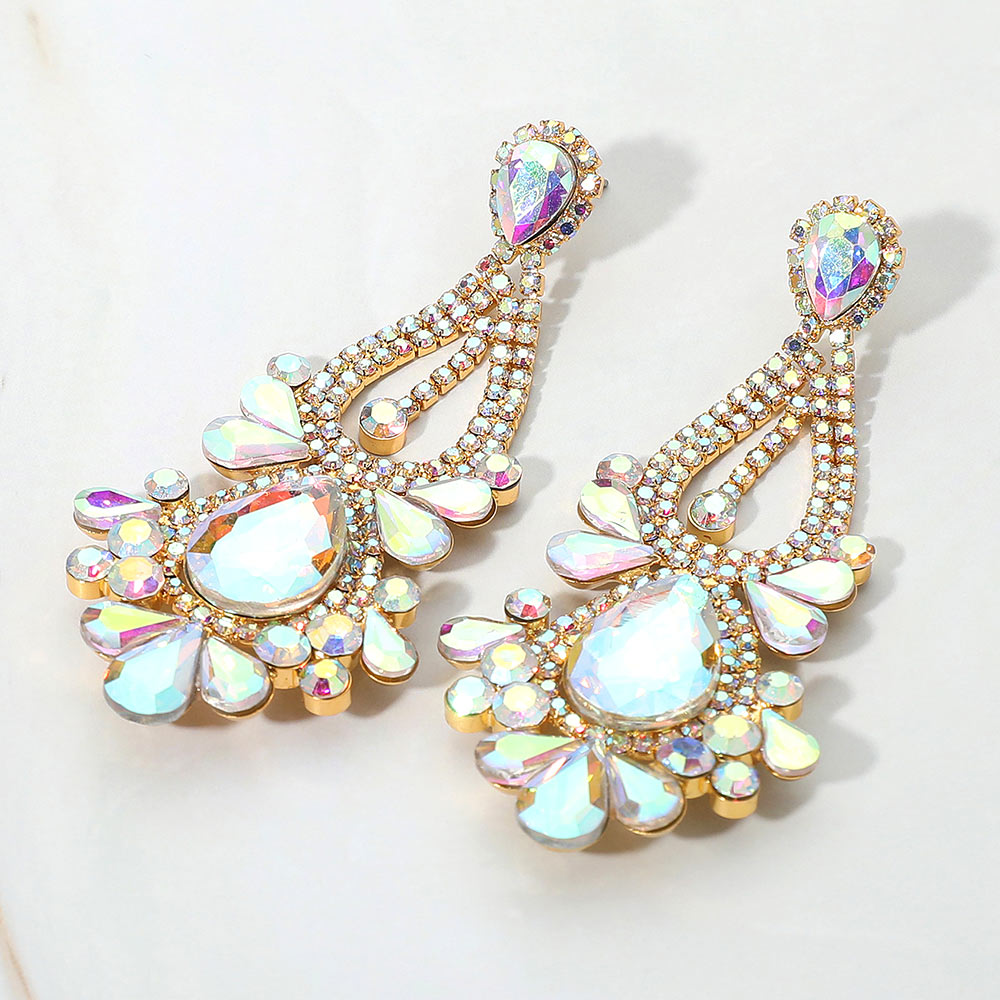 AB on gold chandelier teardrop statement earrings for pageant or prom events on a light background