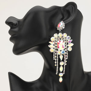 Long 4.6" AB on silver chandelier fringe earrings on a black mannequin ear — dramatic crystal statement jewelry for pageant, prom, weddings, and evening events.