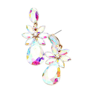 Aurora Borealis crystal flower teardrop earrings on gold displayed on white background