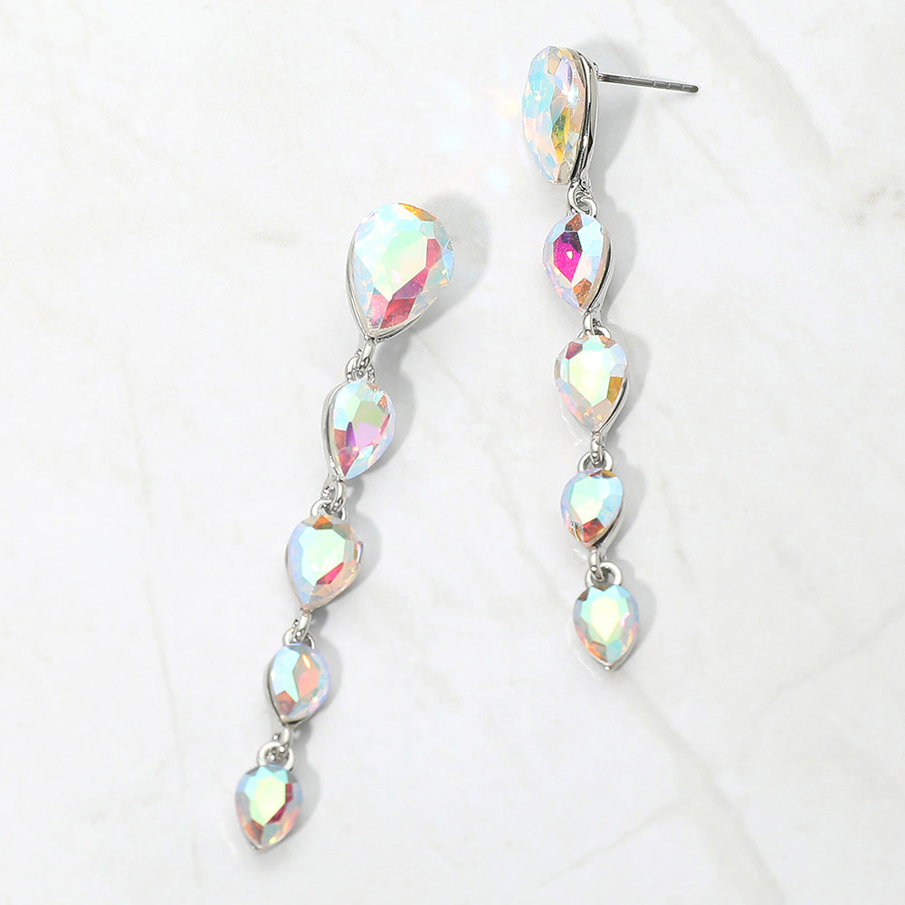 Pair of long AB on silver multi teardrop earrings on a white background