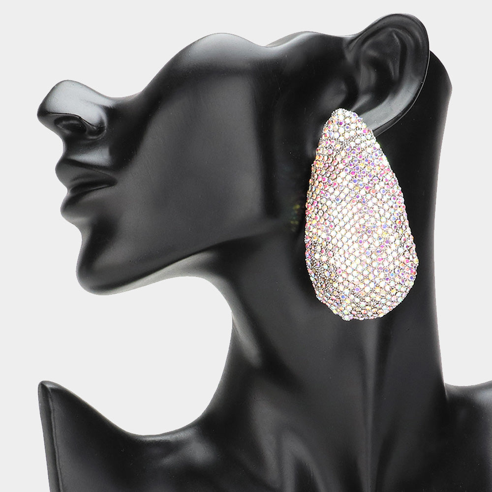AB crystal pavé teardrop statement earrings on silver covered in closely set round Aurora Borealis crystals, displayed on a black mannequin.