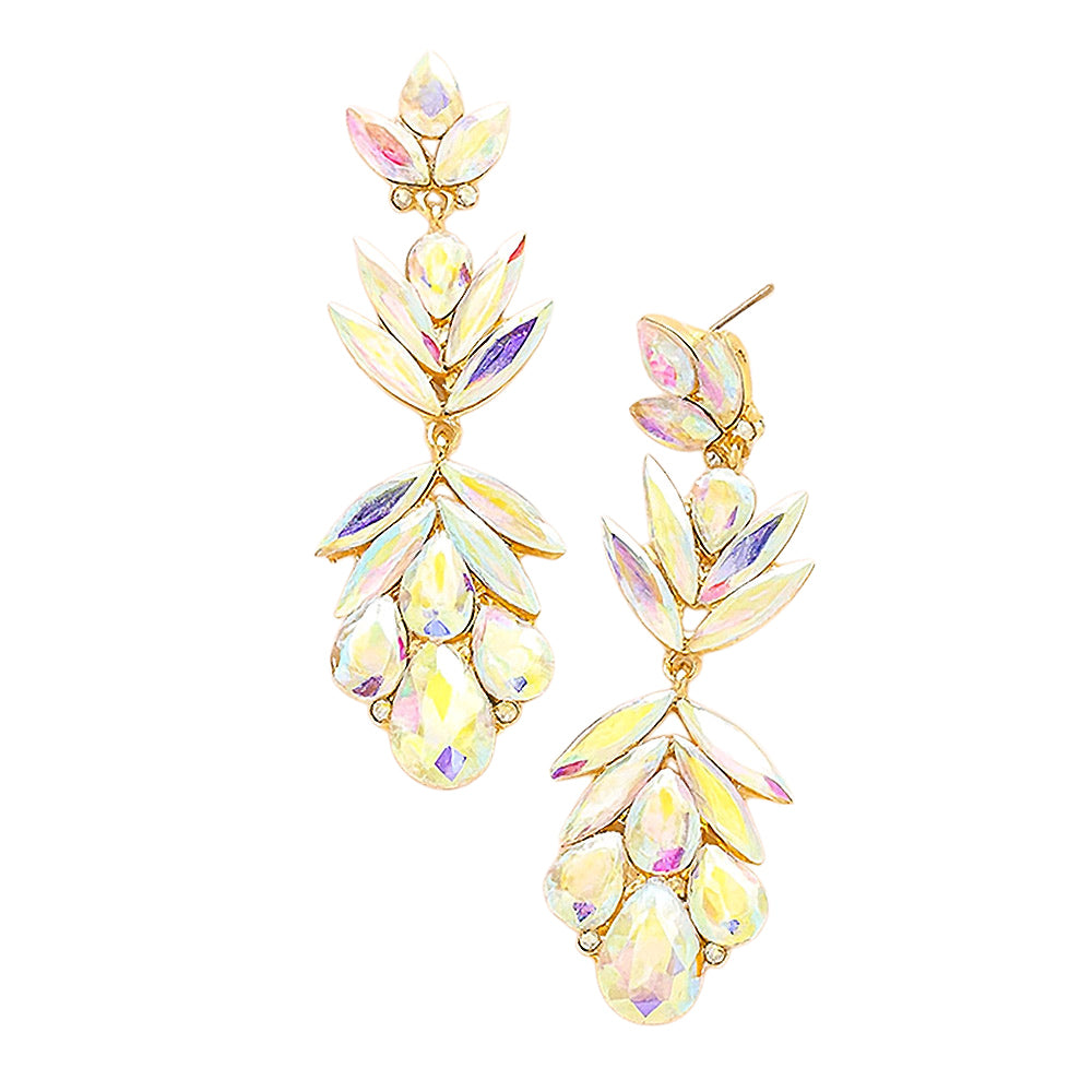 AB Crystal Earrings on Gold with Petal Shaped Features gold backed on a white background
