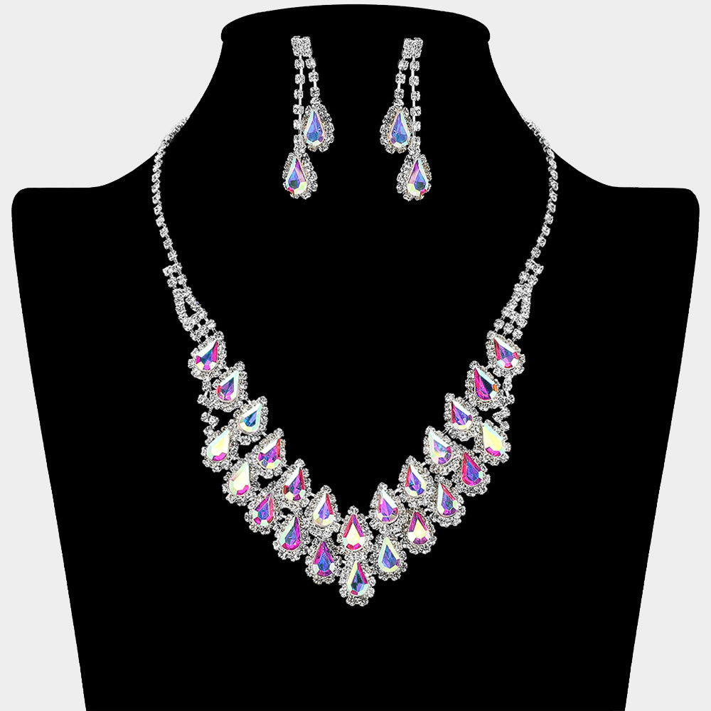 AB Crystal Rhinestone Double Row Necklace Set on a black mannequin bust on a white background