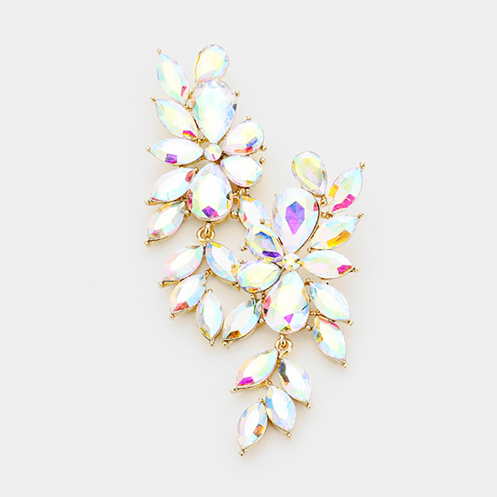 AB crystal marquise statement earrings on gold with a cascading arrangement of faceted marquise stones, displayed on a white background.
